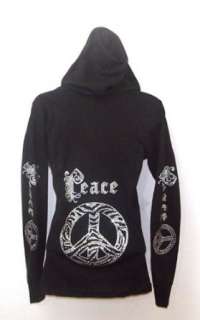  Gothic Zebra Peace Logo Rhinestones Hoodie Clothing