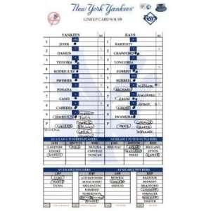  Rays at Yankees 9 08 2009 Game Used Lineup Card (MLB Auth 