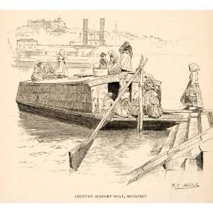 1893 Wood Engraving Market Boat Dock Peasant Woman Budapest Hungary 
