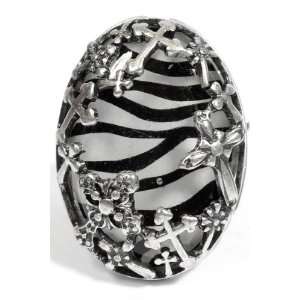  Animal Print Oval Stretchable Ring with Antique Crosses 