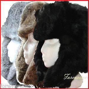 New Black/Brown/Grey Trooper Ushanka style Real Rabbit Fur Winter Hat 
