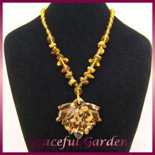 NL0097 Golden Glitter Leaf Tigers Eye Stone Necklace  