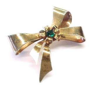 Vintage CORO Green Stone Gold Tone Bow / Ribbon Brooch  