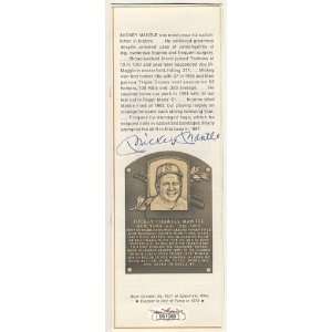  Mickey Mantle Signed Autographed Hall Of Fame Cut Jsa 