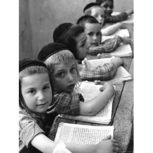 Yarmulke Wearing Israeli Boys Learning to Read Hebrew at an Orthodox 