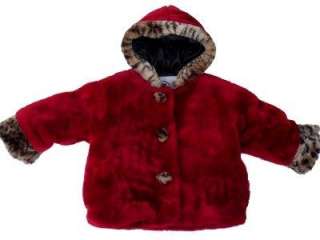 Girls Red Leopard Faux Fur Hooded Winter Coat Sz 12M  