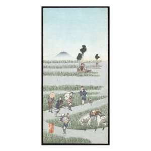Travelers in a Rice Paddy with Mount Fuji in the Background, Japanese 