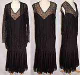   Vintage Flapper Black Lace Silk Drop Waist Dress & Long Coat Jacket