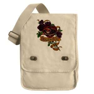 Messenger Field Bag Khaki Heart and Soul Roses and Motorcycle Engine