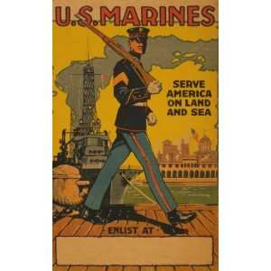 World War I Poster   U.S. Marines   serve America on land and sea 15 X 