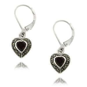   Silver Marcasite Simulated Garnet Heart Leverback Earrings Jewelry