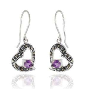    Sterling Silver Marcasite and Amethyst Heart Earrings Jewelry