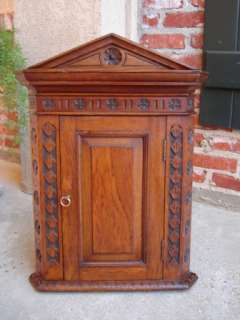 Petite Antique Victorian English Carved Oak Corner Wall Cabinet Shelf 
