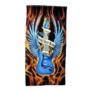  `Long Live Rock` Electric Guitar Wings and Flames Beach 