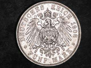 GERMANY SAXONY 1908E 5 Mark Silver Crown VF XF, cleaned