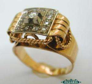 18k Yellow Gold Diamond Ring France 1940s Size 7.25  