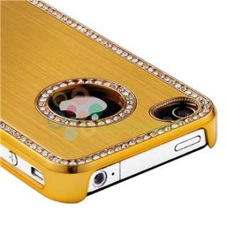 Bling Diamond Gold Back Hard Case+AUX Cable+Car Charger For iPhone 4 