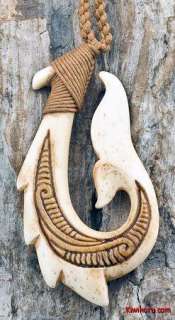 Maori Bone Scrimshaw Antiqued Tattoo Hei Matau Fish Hook Necklace 
