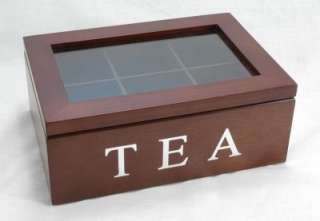 Old Fashioned Wooden Tea Box with Tea Glass Lid 6 Compart Storage 