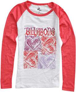 Billabong Love Is LS Tee New Girls Heart Red White Purple  