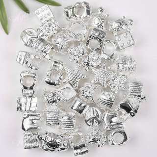 40P Mixed Silver Plated European Spacer Charm Beads  