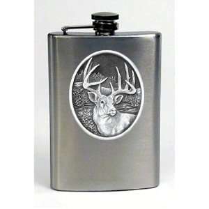 Whitetail Deer Buck Pewter Emblem Travel   Hip Flask Stainless Steel 8 