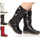 WOMENS LADIES QUILTED WINTER SNOW FUR SKI MOON VELCRO WEDGE CALF BOOTS 