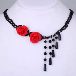 Red Flower Pendant Black Glass Bead Chain Necklace N50 Yazilind 