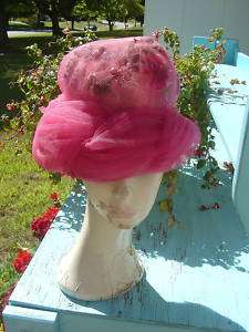vtg HOT PINK WHISPY NETTING FLORAL PEARLS HAT retro mod  