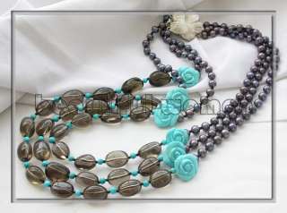 3row 8mm black pearl crystal turquoise flower necklace  