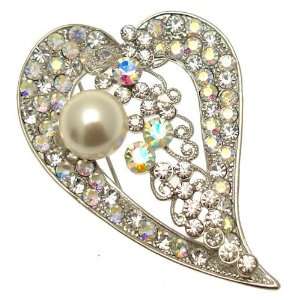  Brooches   Clear & AB Crystal with Pearl   Large Heart Shaped Bridal 