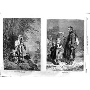  1863 CHILDREN RAIN STORM WEATHER POOR PEOPLE OLD PRINT 