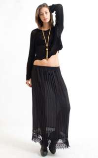 Vtg 90s Sheer Chiffon Lace Crochet Pleated Gypsy Boho Long Maxi Dress 