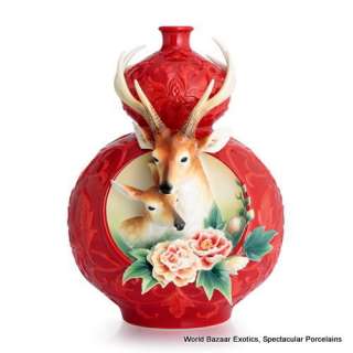   Franz Porcelain Deer Cotton rose & Peony vase Ltd Edition 999 New 2012