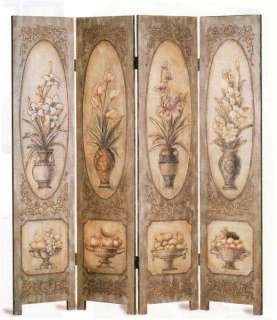 Hand Carved & Floral Painted Wood Room Divider Screen  