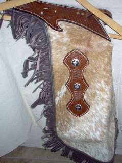 WESTERN REAL HAIR ON LEATHER SADDLE HORSE MEDIUM CHINKS / CHAPS RODEO 