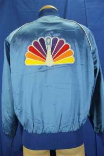 Vintage 70s NBC Original Peacock Embroidered Patch Blue Satin Jacket 