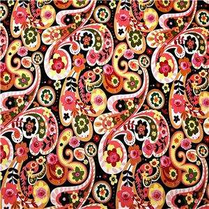 FabriQuilt Cotton Fabric Lovely Paisley in Pink Yellow Green & Black 