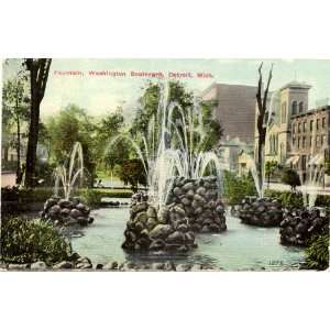   Vintage Postcard Fountain   Washington Boulevard   Detroit Michigan