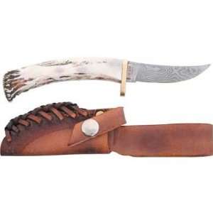 Silver Stag Knives 25 Swoop Damascus Fixed Blade Knife with Crown Stag 