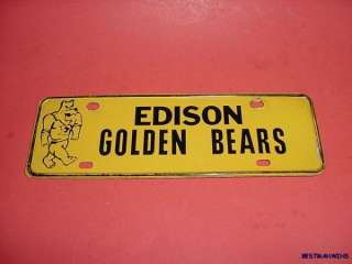EDISON GOLDEN BEARS METAL ADVERTISING SCHOOL LICENSE PLATE TOPPER OLD 