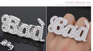 Swarovski Crystal BAD Double Ring Glamorous Hip Hop Fashion Ring Size 
