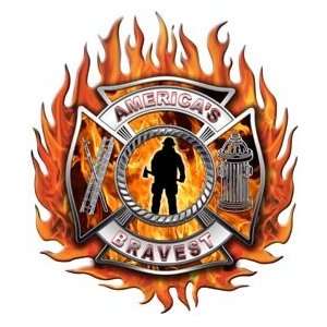 Americas Bravest Firefighter Flaming Maltese Cross Decal with Fireman 