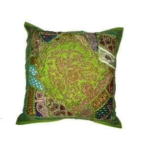  Green Vintage Sari Decorative India Decor Beaded Cushion 