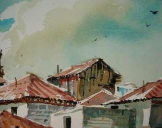   HASSELT Signed Watercolor SPANISH COLONIAL VILLAGE South America 1970s