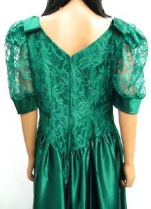 Vintage 80s Green Satin Lace Bust Prom Dress XL Formal Gown Costume 