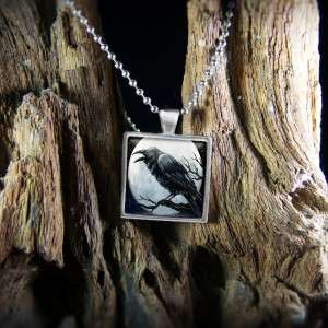 Raven Nevermore Full Moon Gothic Halloween Sterling Silver Glass 