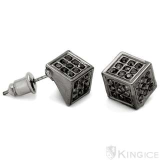 Hip Hop CZ All Black Everything Cube Dice Stud Earrings  