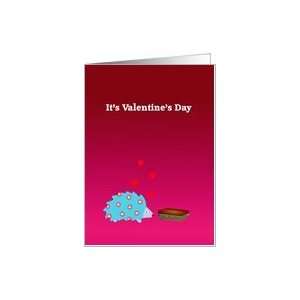 Valentines Day humor, hedgehog in love with scrubbing brush, hearts 