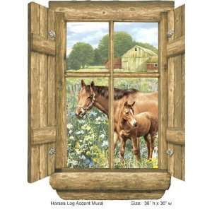 Wallpaper 4Walls Who Let the Kids Out Log Window Accent Mural   Horses 